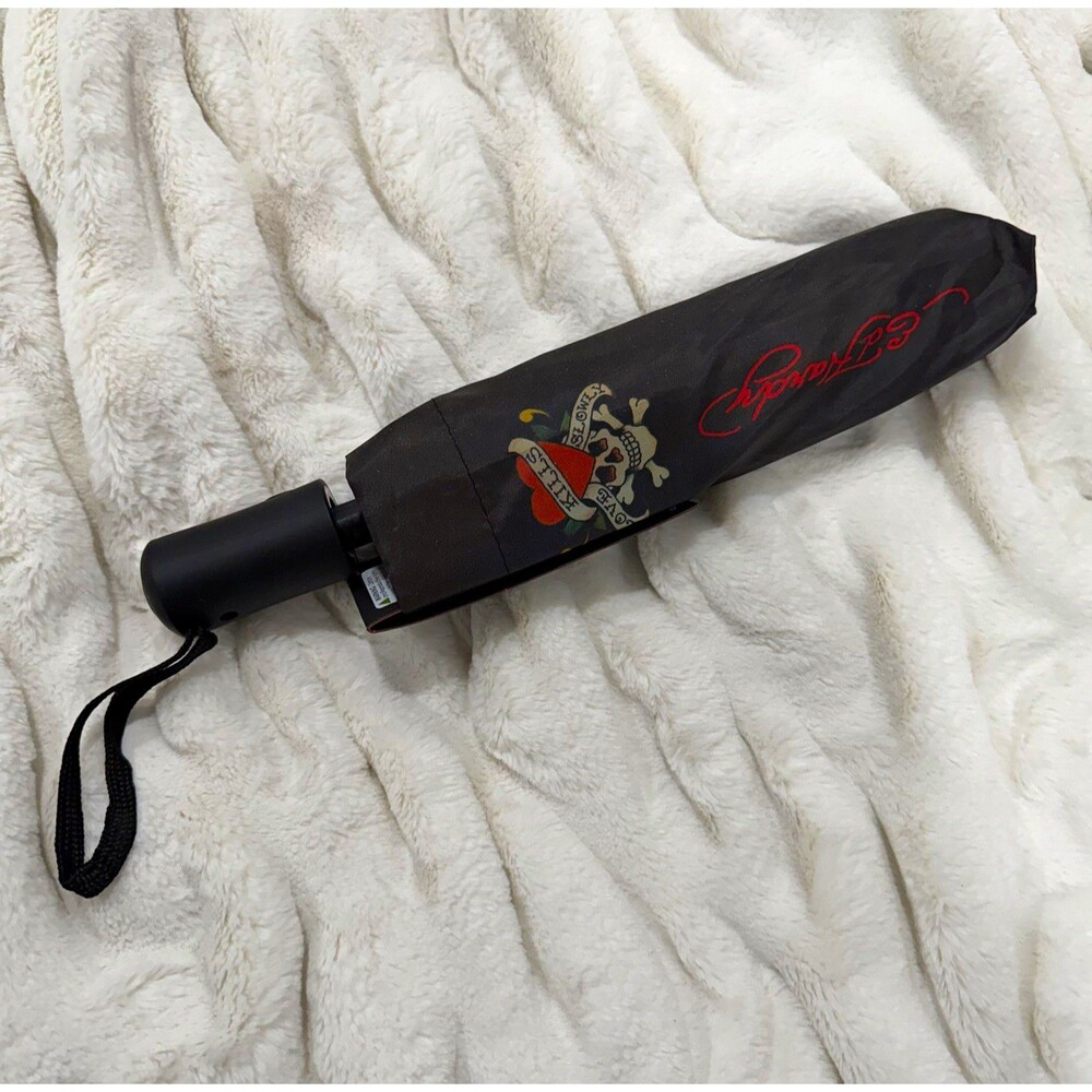 Ed Hardy Compact Folding Umbrella Black/Red Skull Graphic Print Red Logo